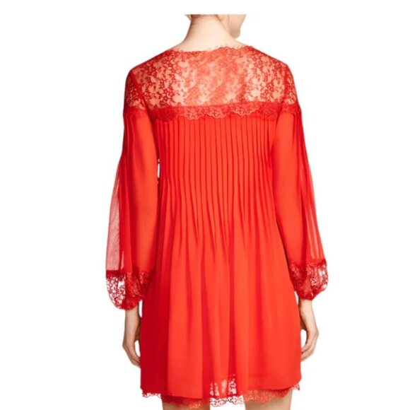 The Kooples Red Lace Chiffon Shift Dress Medium Red Long Sleeve Pleated Mini - Picture 9 of 9